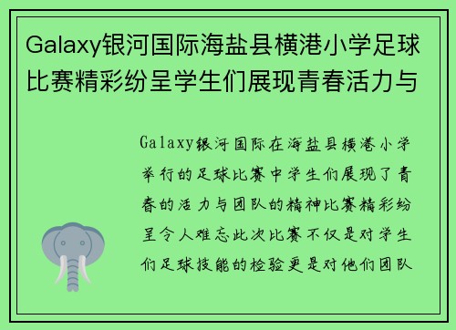 Galaxy银河国际海盐县横港小学足球比赛精彩纷呈学生们展现青春活力与团队精神